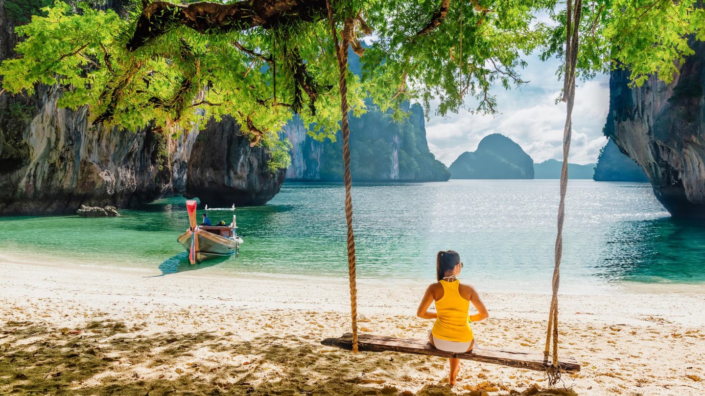 Traveler woman relaxing on summer vacation beach joy beautiful nature scenic landscape island Krabi, Landmark tourist attraction travel Thailand tropical beach, Tourism destination Asia holiday trips
