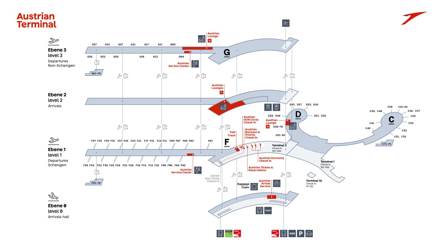 Stylized architectural map showing the layout levels and lounge locations at Vienna Airport.