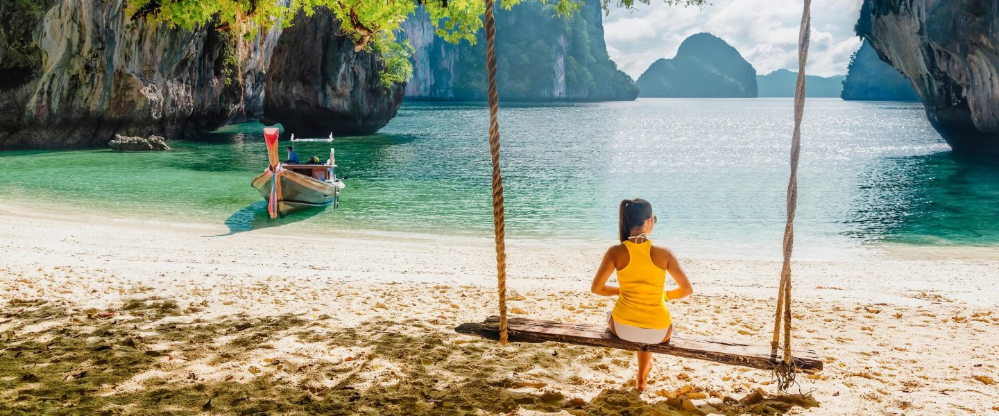 Traveler woman relaxing on summer vacation beach joy beautiful nature scenic landscape island Krabi, Landmark tourist attraction travel Thailand tropical beach, Tourism destination Asia holiday trips