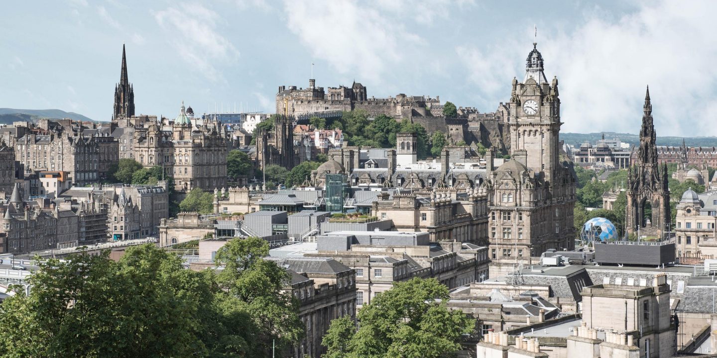 Skyline view of Edinburgh, Scotland from Calton Hill.