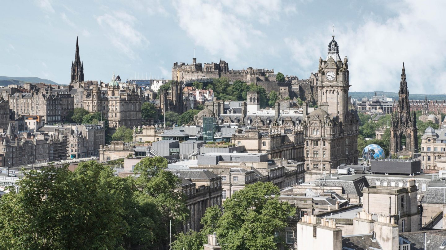 Skyline view of Edinburgh, Scotland from Calton Hill.