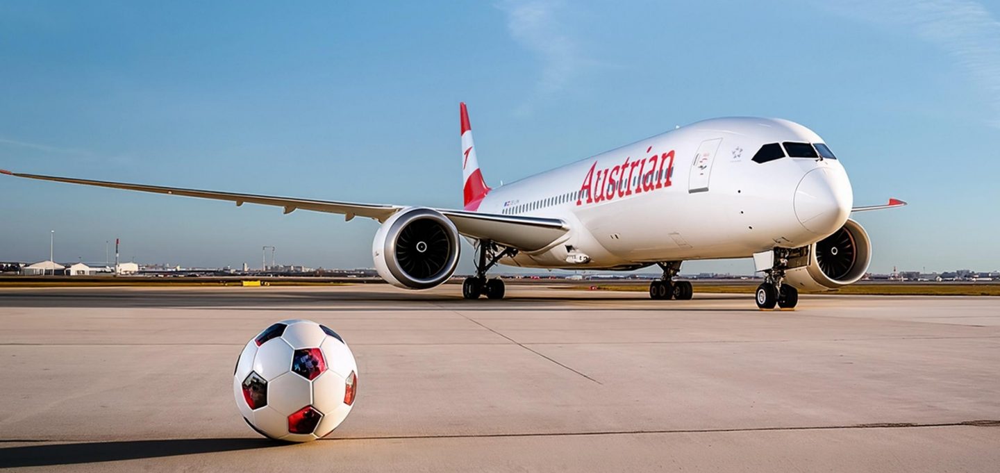 An Austrian Airlines airplane parked on the tarmac next to a football.