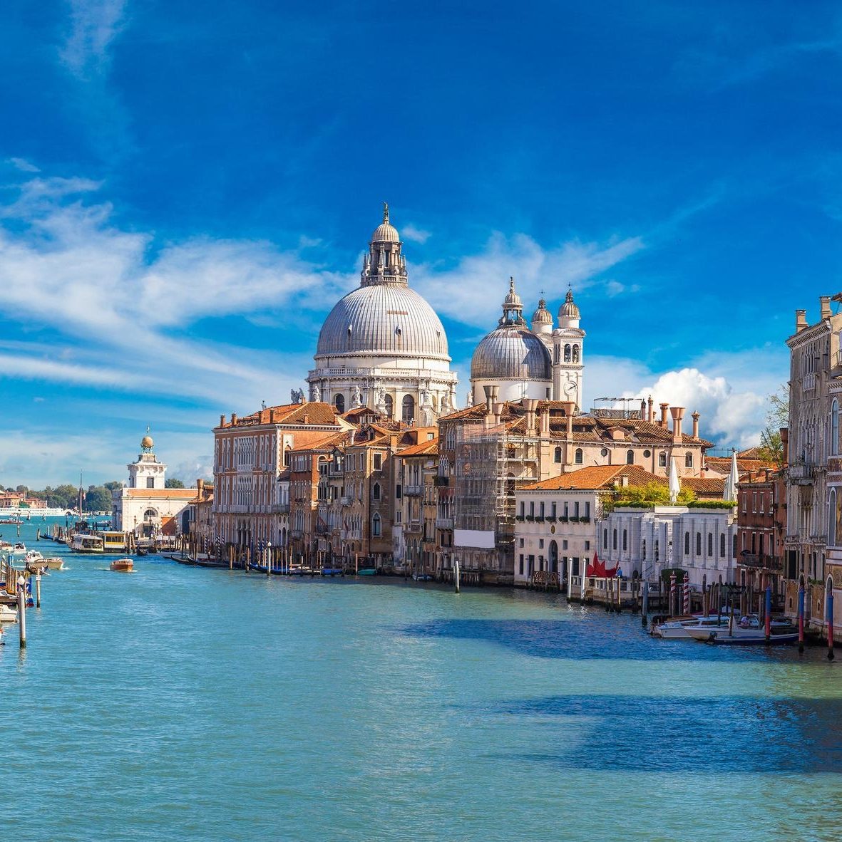 The Grand Canal and historic buildings in Venice, Italy.