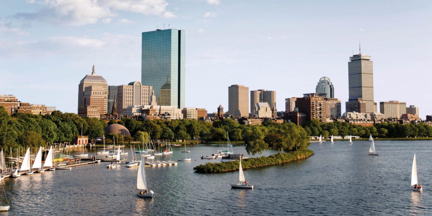 City of Boston and its skyline at dusk with Back bay.