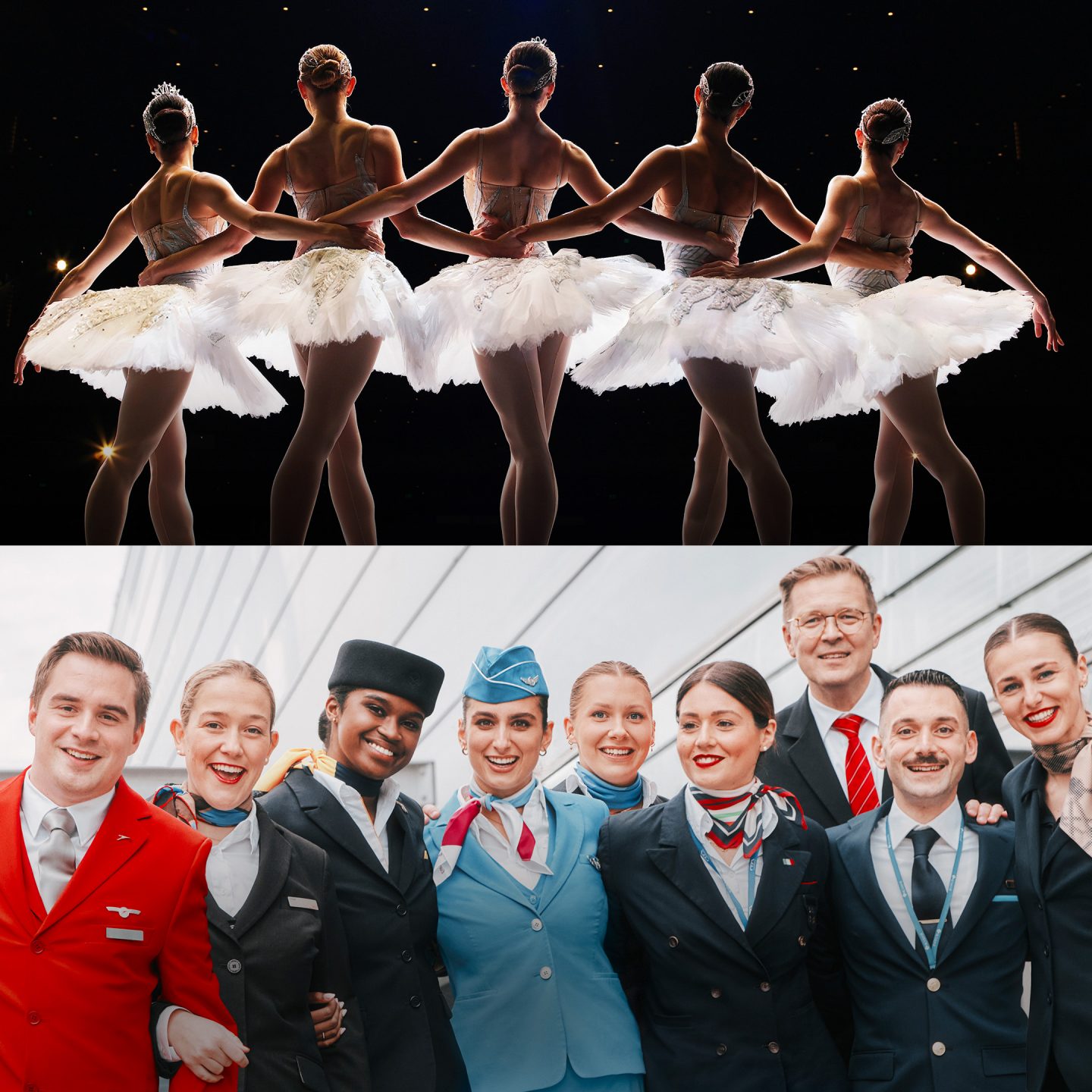 Cinq danseuses en tutus blancs se produisent sur scène, au-dessus d’un groupe de personnel navigant souriant en uniforme.