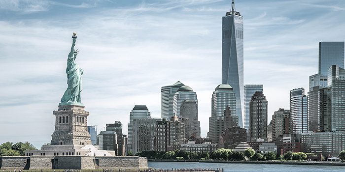 View of the Statue of Liberty and the Manhattan skyline