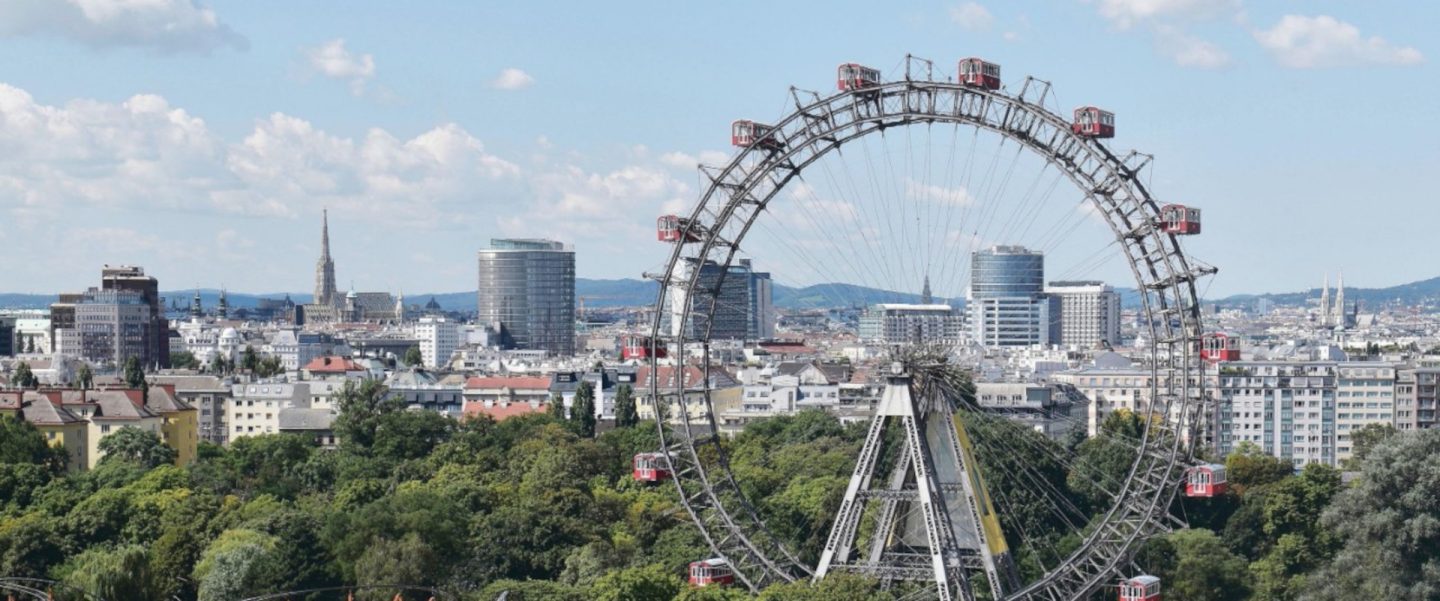City of Vienna landscape with giant observation wheel in the front.