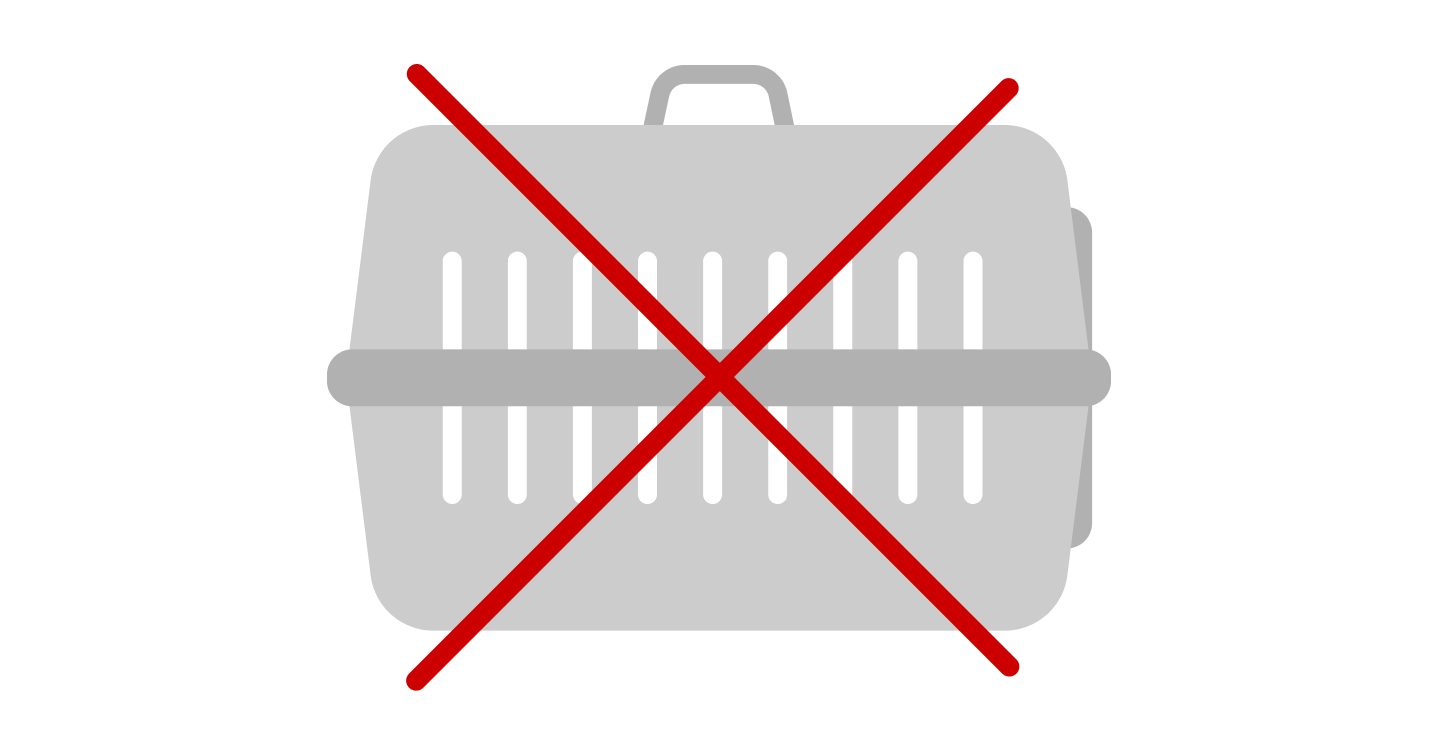 Crossed-out diagram of a non-compliant pet carrier with ventilation slits extending into the lower half.